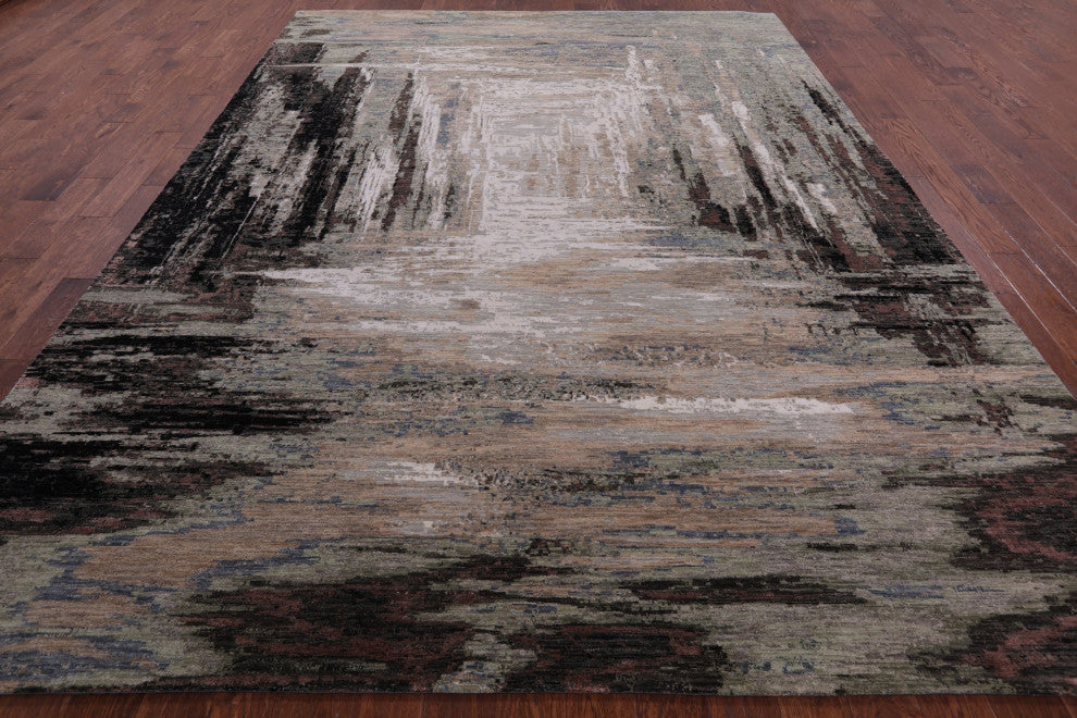 9' 0" X 12' 1" Abstract Handmade Wool and Silk Rug Q6833