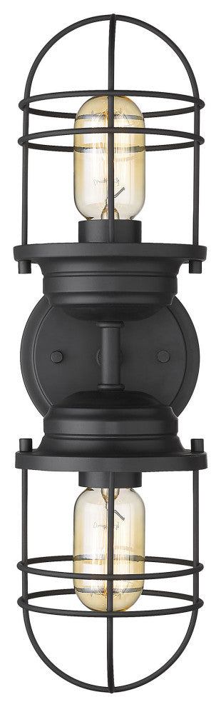 Seaport 2 Light Wall Sconce, Matte Black With Matte Black Metal Cage