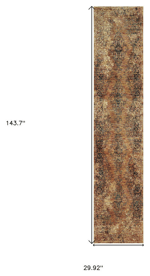 12' Runner Gold and Brown Oriental Power Loom Runner Rug