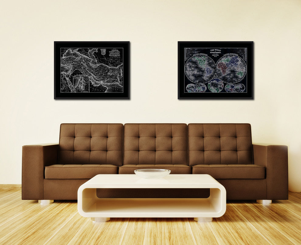 Persia, Iraq, Iran, Afghanistan Monochrome Map On Canvas With Frame, 28" X 37"