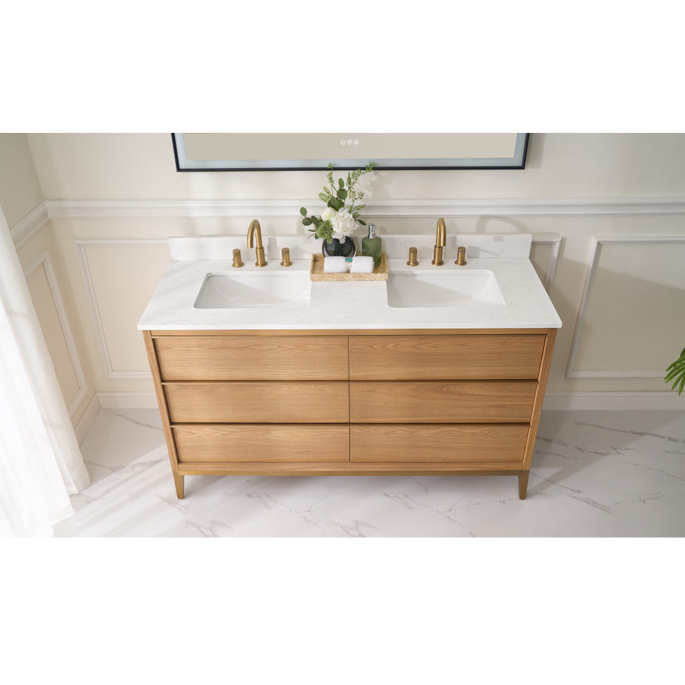 Nolan Freestanding Bathroom Vanity with Quartz Top, Light Oak, 60"