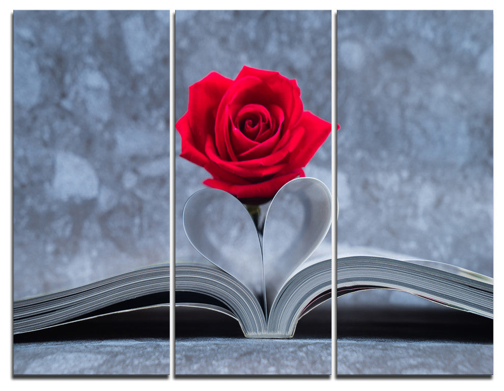 "Red Rose Inside the Book" Art Canvas Print, 3 Panels, 36"x28"