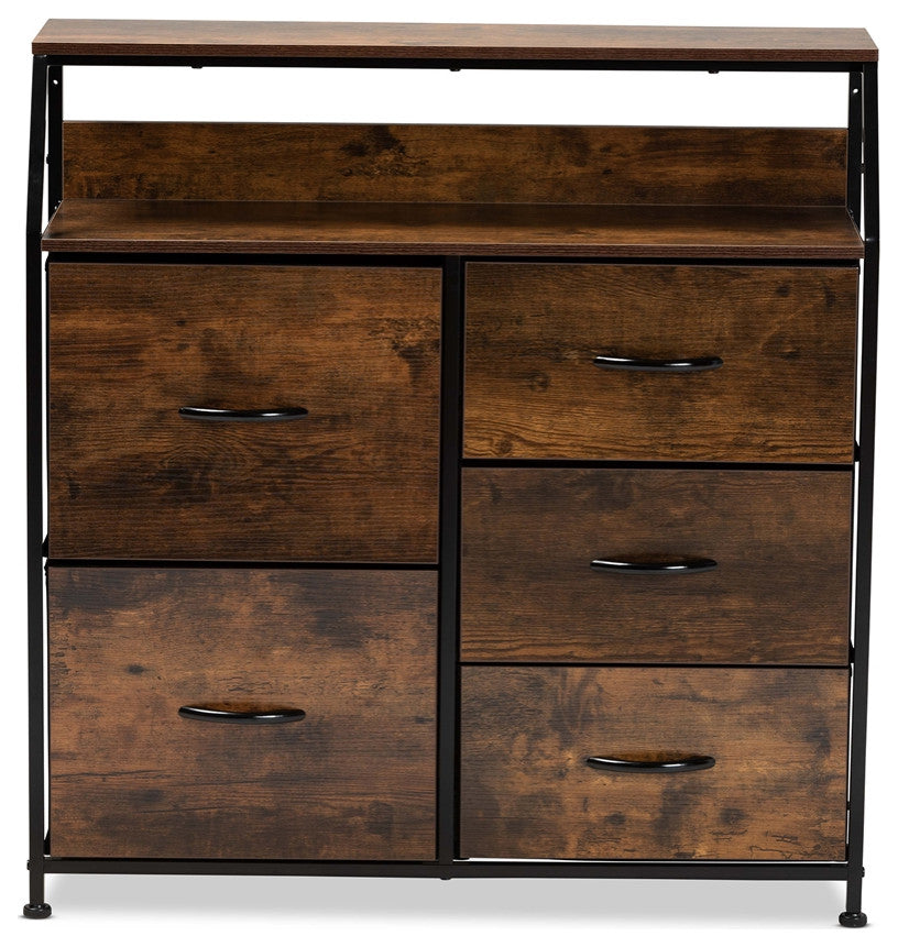 Industrial Walnut Brown Finished Wood Black Metal 5-Drawer Storage Cabinet