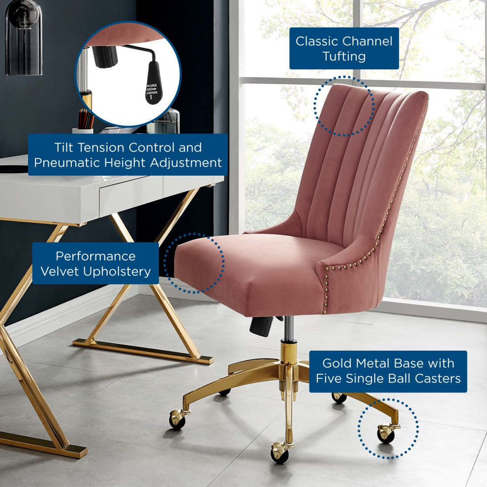 Empower Channel Tufted Performance Velvet Office Chair Gold Dusty Rose