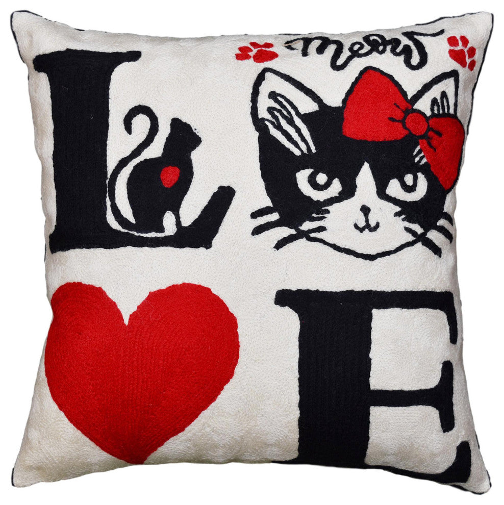 I Love Cats Decorative Pillow Cover Ivory Cream Whimsical Handmade Wool 18x18