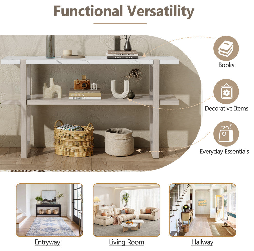 TATEUS Narrow Console Table with Marble-Effect Top for Entryway and Living Room, Gray Wash