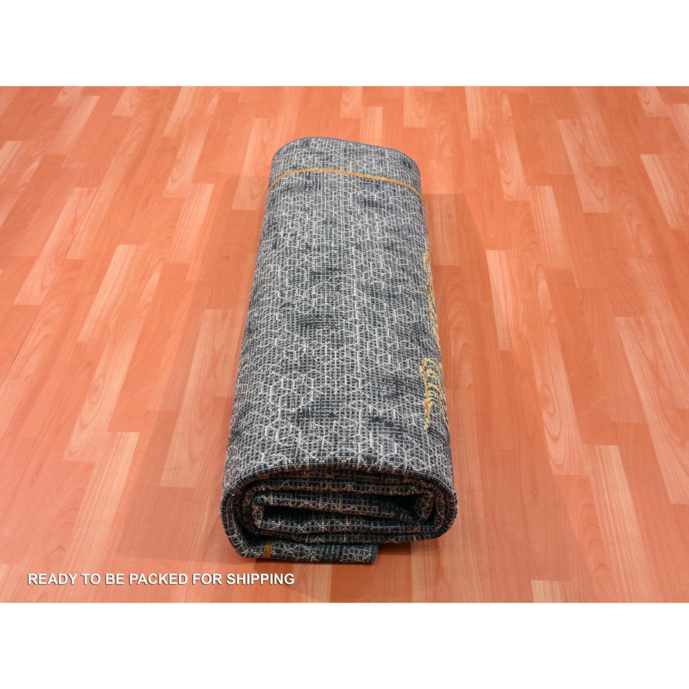 Gray Golden Dragons Chinese Inspired Wool  and Silk Hand Knotted Rug 8'x10'3"