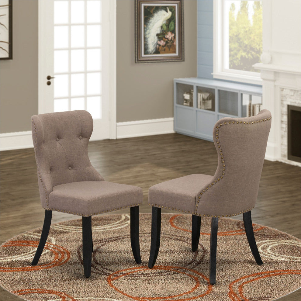 Set Of 2, Dining Chair- Upholstered, Black Wooden Frame, Coffee Seat