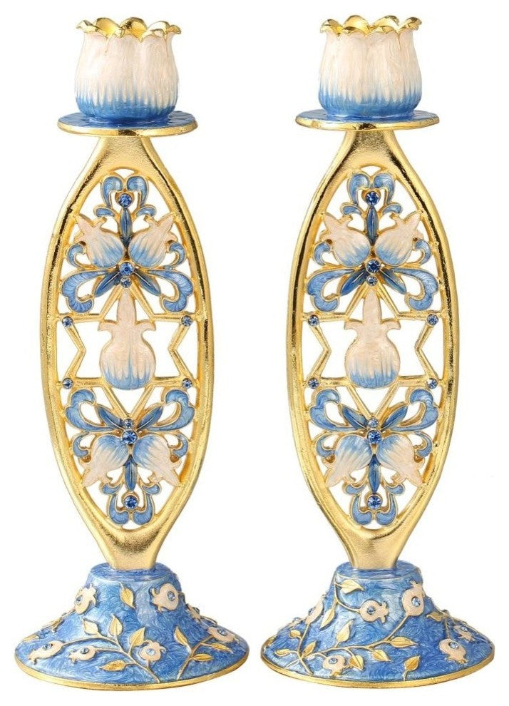 Shabbat Candlestick (2-Piece Set) Hand-Painted  Gold-Plated Pewter