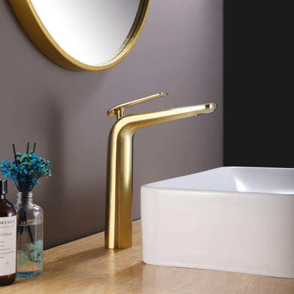 Deck Mounted Single Hole Bathroom Faucet, Brushed Gold
