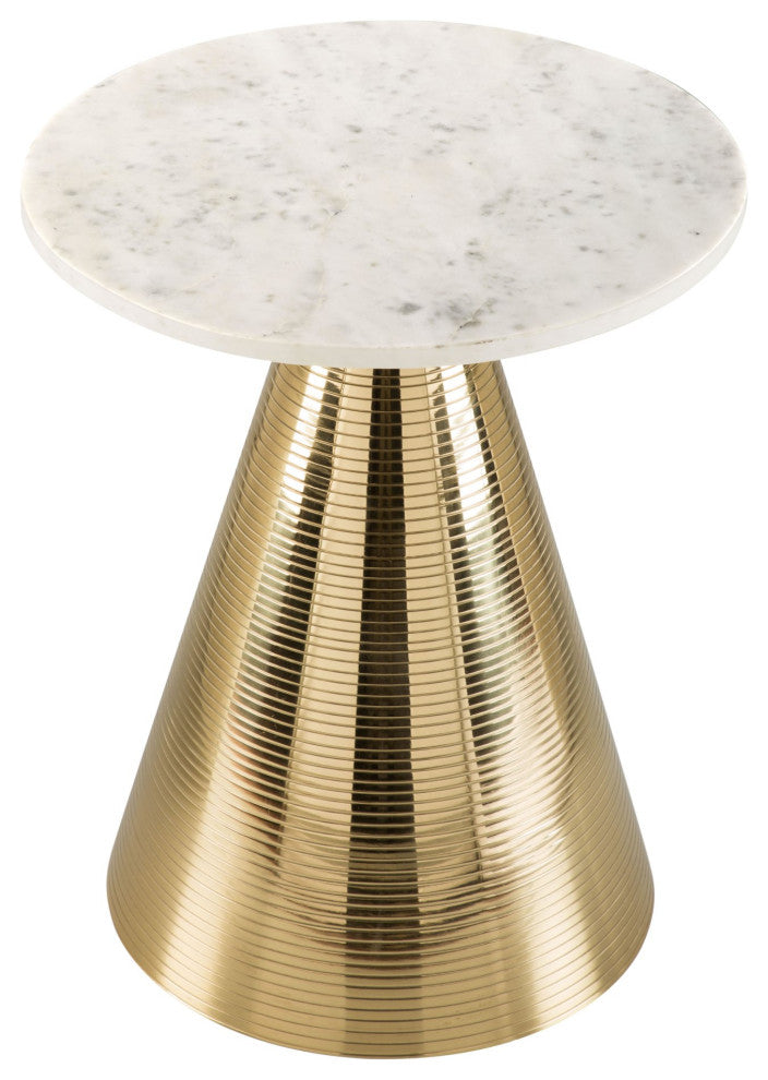 Sofa Side Table, Round, Artificial Marble, Aluminum Metal, White, Gold, Lounge