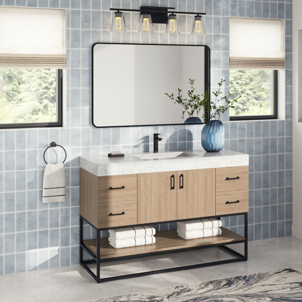 Bahia Bath Vanity, Oak, 48", Matte Black Hardware, Single, Freestanding