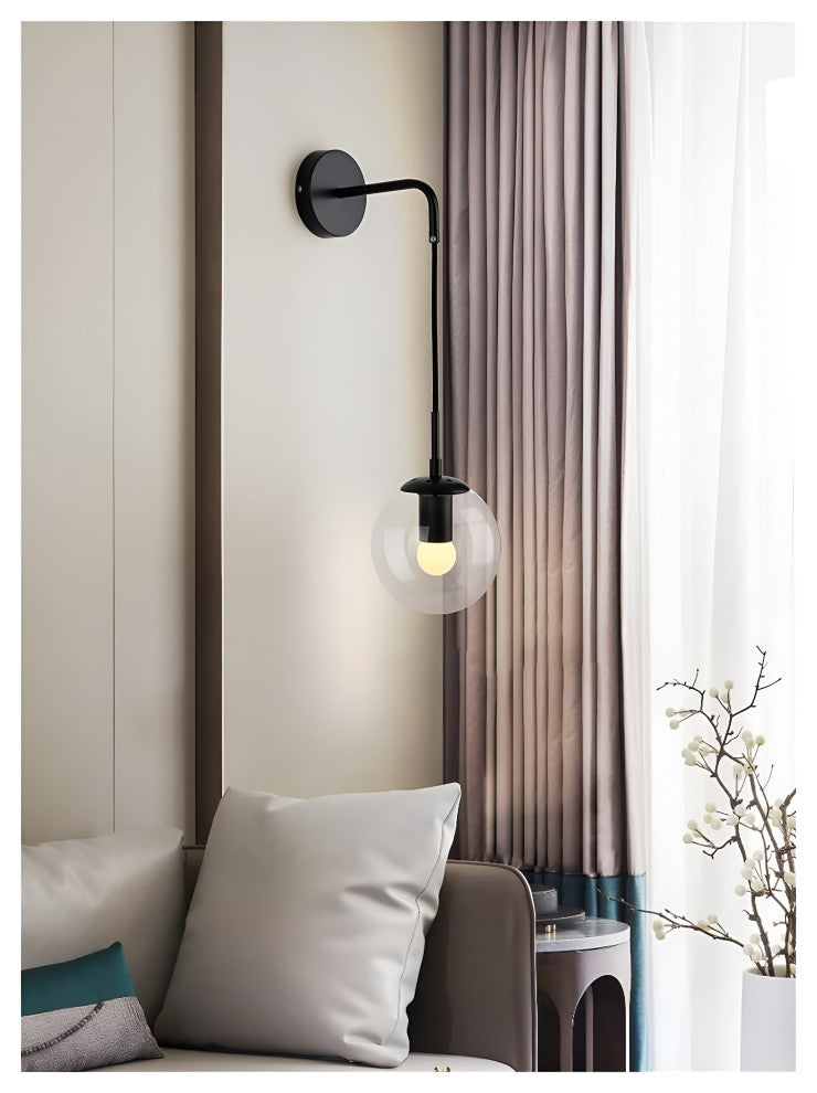 Modern LED Wall Lamp in the Shape of Glass Ball for Dining Room, Black, Clear Glass, Cool Light