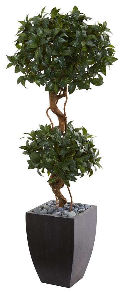 4.5'' Sweet Bay Artificial Double Topiary Tree, Black Wash Planter