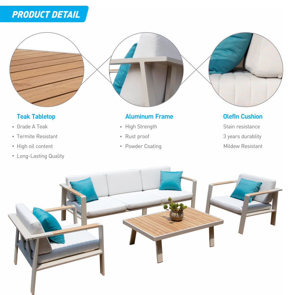 HIGOLD 6801 Nofi  4 Pieces Teak Outdoor Conversation Set with Blue Pillow , Alu