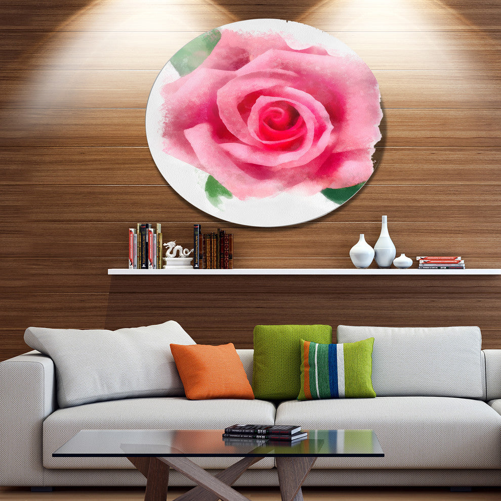 Big Pink Rose Flower With Leaves, Floral Round Metal Wall Art, 11"