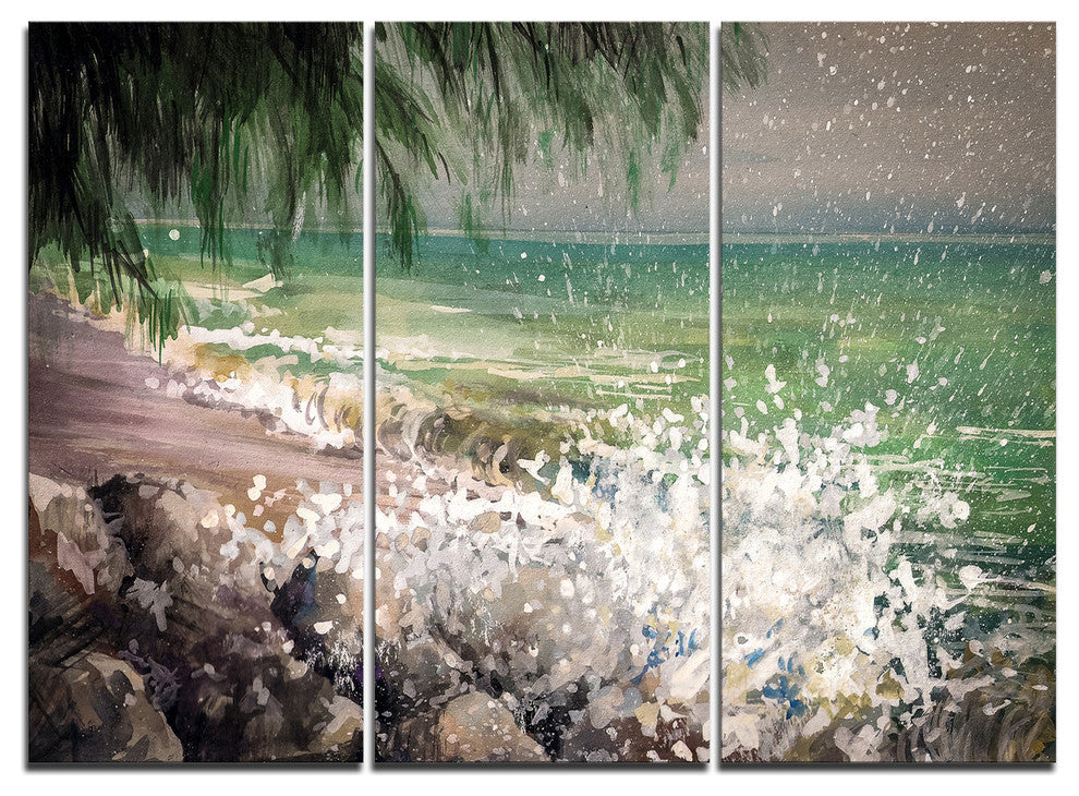 "Rocky Seashore With White Waves" Canvas Print, 3 Panels, 36"x28"