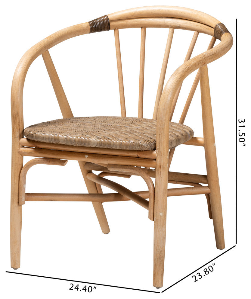Kyoto Modern Bohemian Natural Brown Rattan 2-Piece Dining Chair Set
