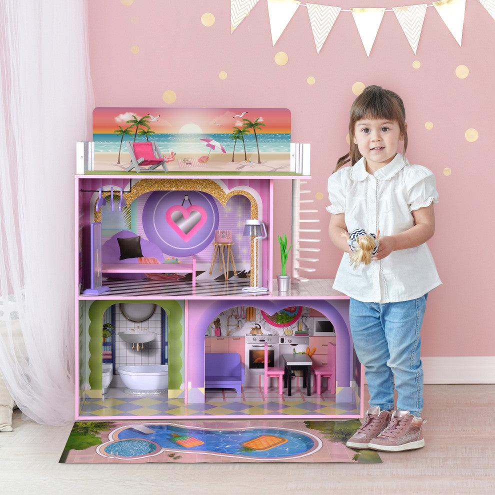 Kids Wooden 3-Level Doll house Set, Dollhouse