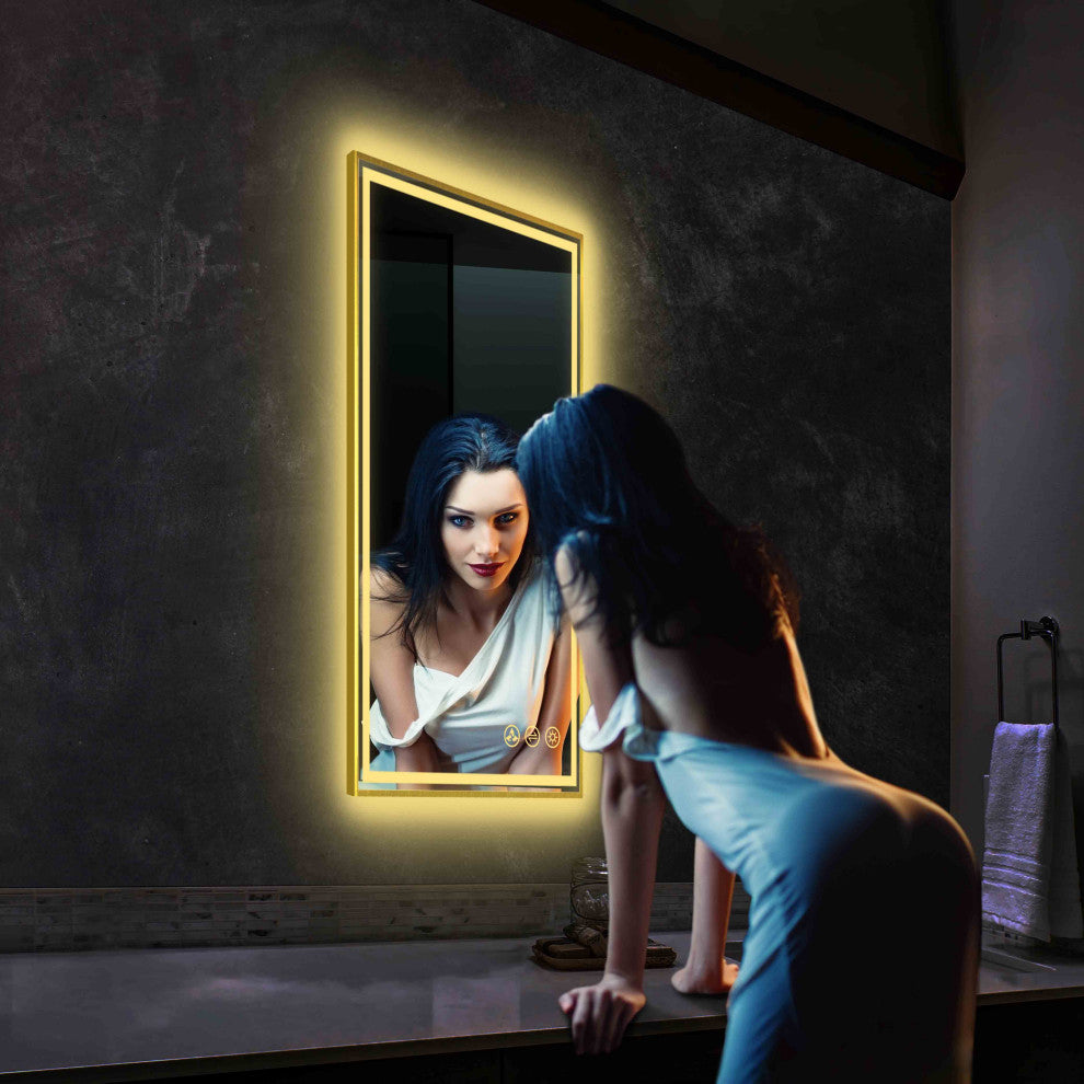 Fogless, Dimmable, Color Temperature Adjustable LED Mirror, Brush Gold, 18x36
