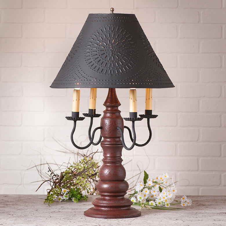 USA Handmade Wood Table Lamp Bradford With Punched Tin Shade, Red