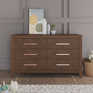 Modern Double Dresser, 6 Drawers With Soft Herringbone Pattern, Toasted Chestnut