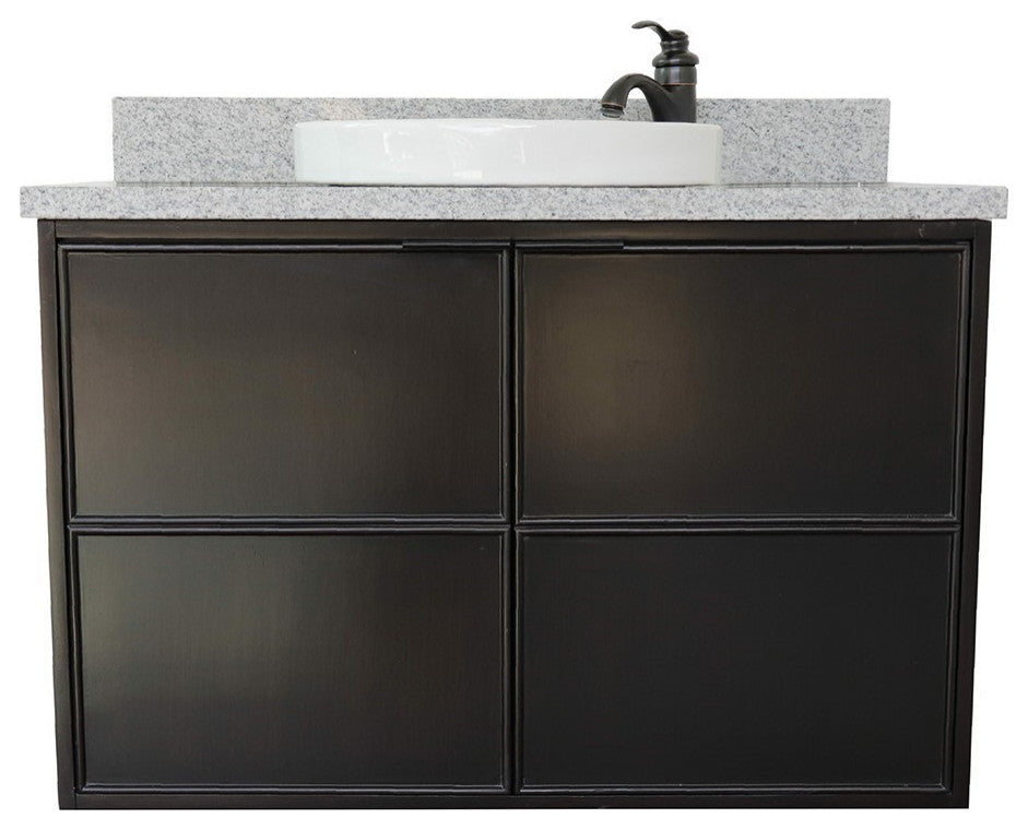 37" Single Wall Mount Vanity, Cappuccino Finish With Gray Granite Top