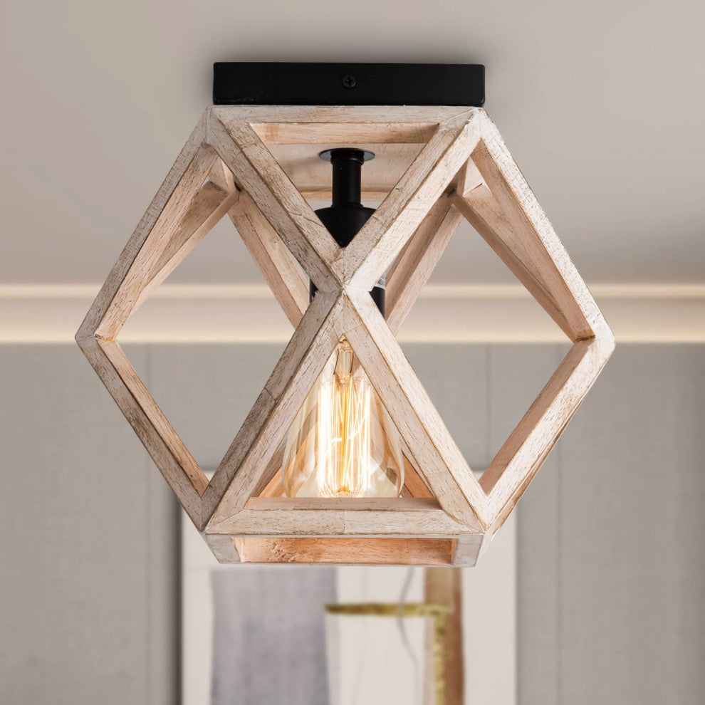 Industrial Wood Flush Mount Ceiling Lamp Farmhouse Close to Ceiling Lighting Fix