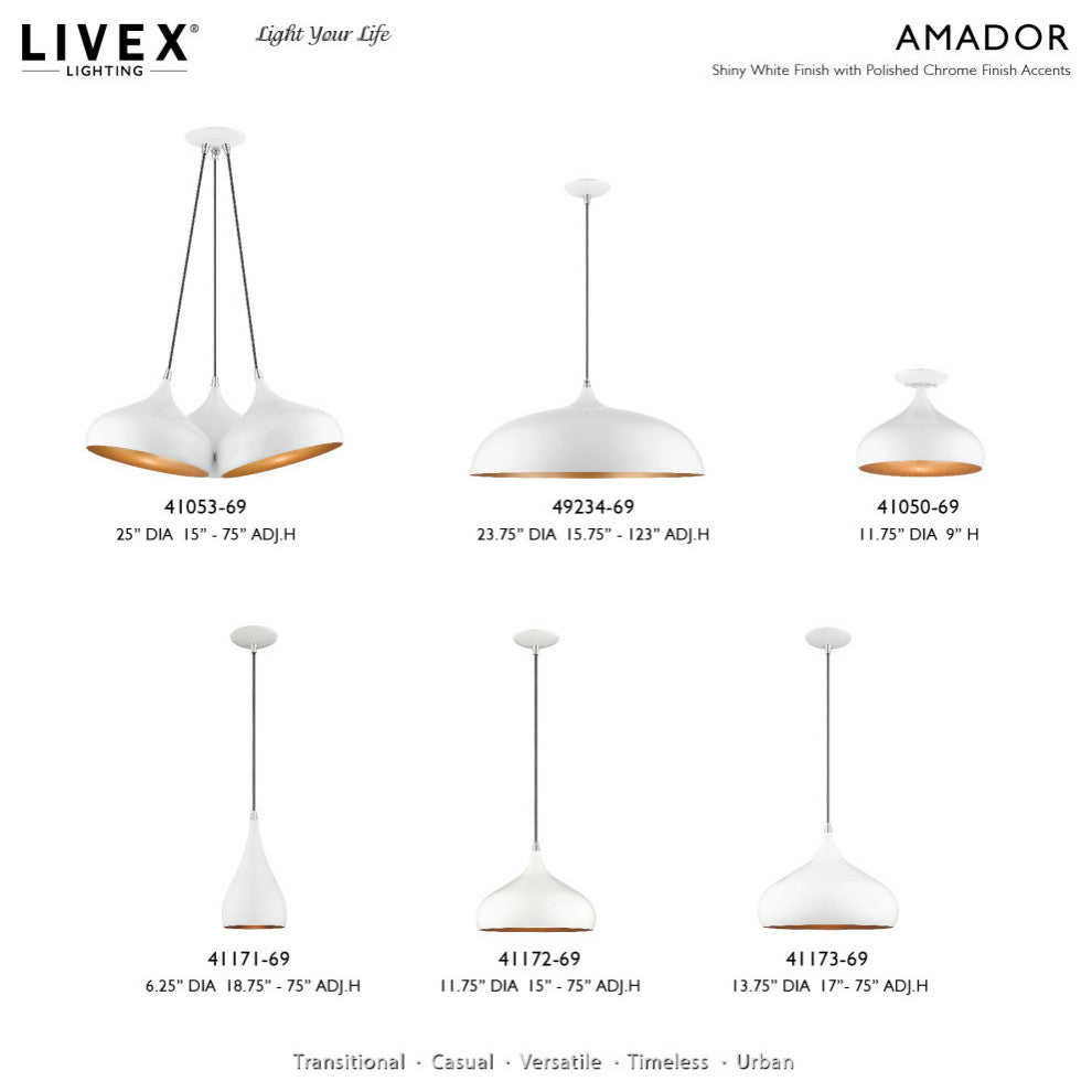 Amador 3 Light Shiny White With Polished Chrome Accents Large Pendant