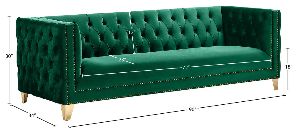 Michelle Fabric Upholstered Chair, Gold Iron Legs, Green, Velvet, Sofa