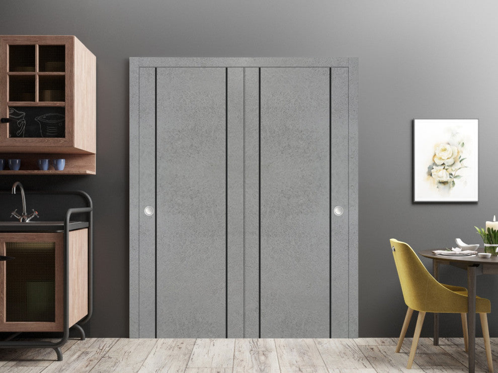Bypass Doors 36 x 80 | Planum 0016 Concrete with  | Sturdy Rails