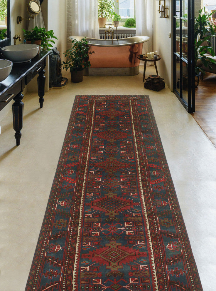 Fine Vintage Distressed Pareevas Red/Navy Runner, 3'7x10'9