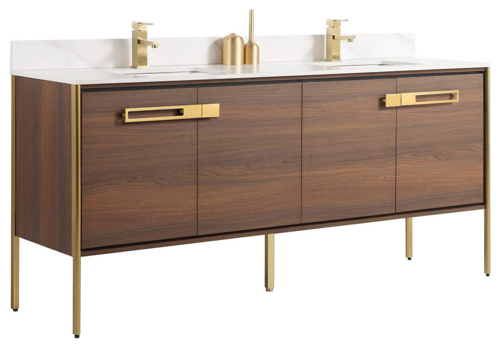 Oakville Bath Vanity, Ceramic Sink, Walnut Ebony, 72 Inch, Satin Brass Hardware