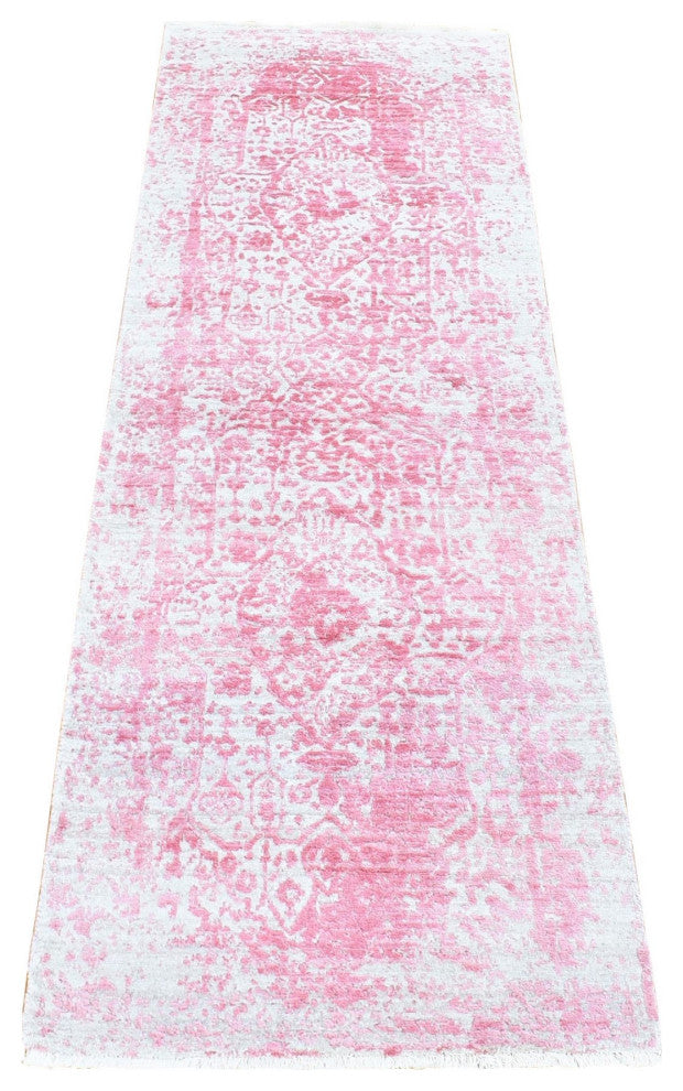 Pink Broken Persian Design Wool and Pure Silk Hand Knotted Runner Rug, 2'6"x7'9"