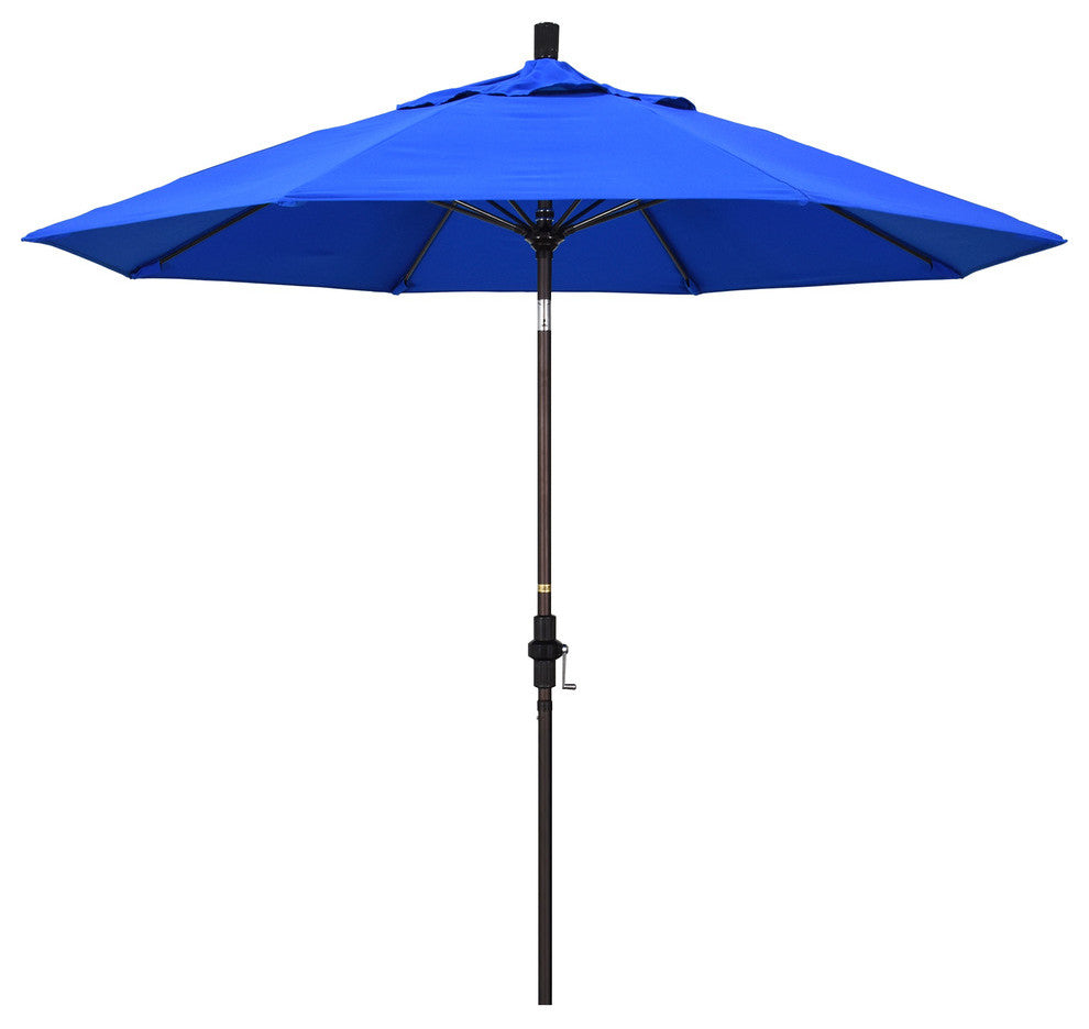 9' Bronze Collar Tilt Lift Fiberglass Rib Aluminum Umbrella, Sunbrella, Pacific Blue