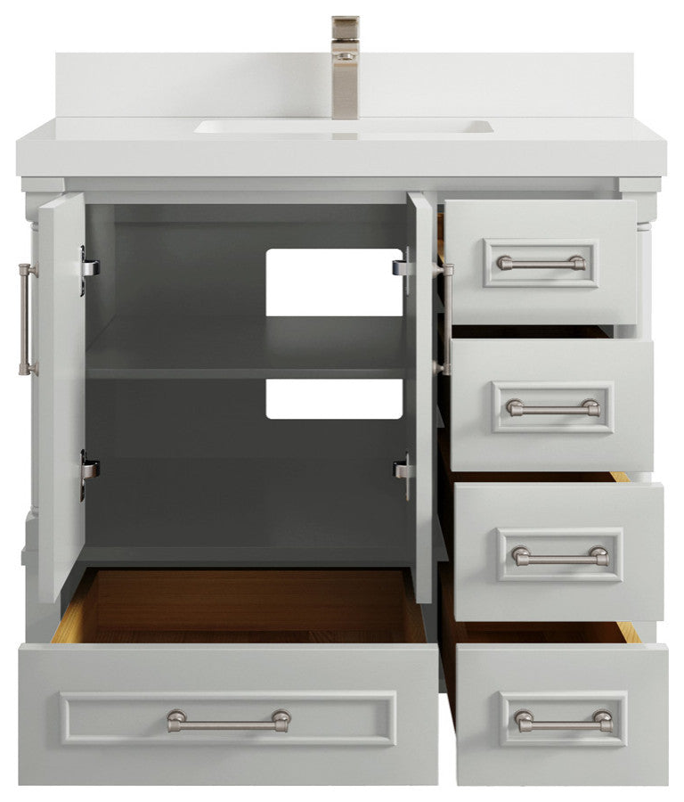Aberdeen 36 Center Sink Bath Vanity in Coventry Gray 2" White Quartz