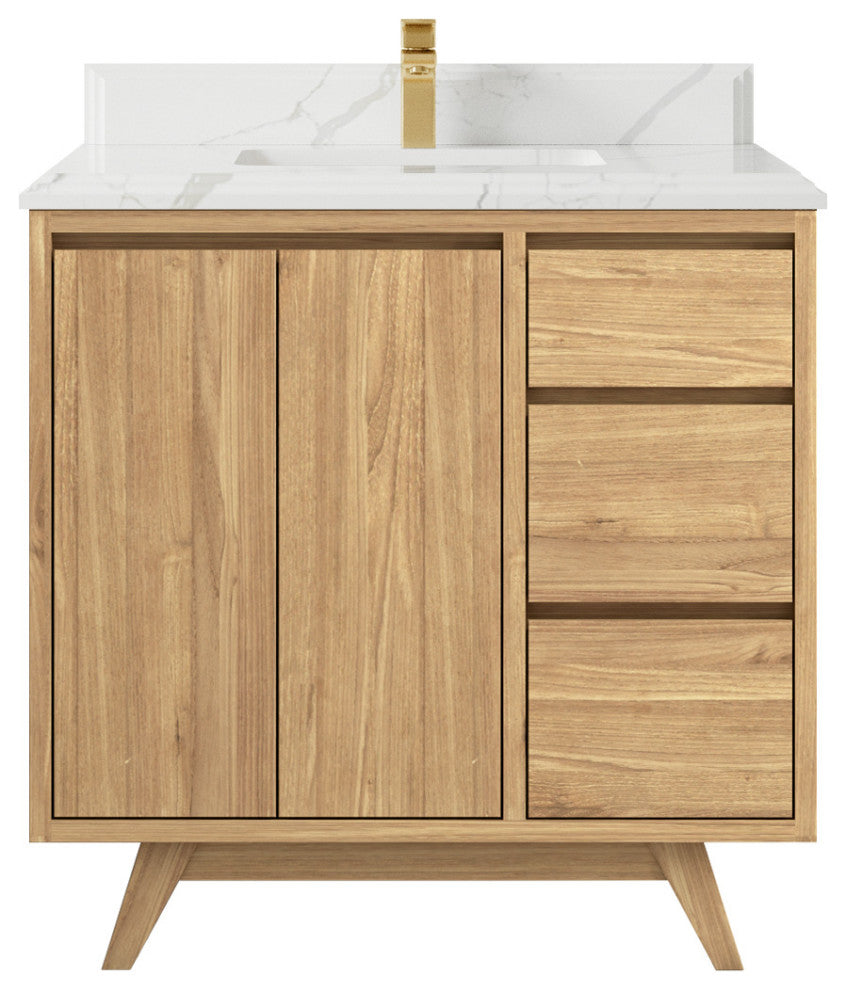 Madison Teak 36 Center Sink Bath Vanity in Light Natural 1.5" Calacatta Laza