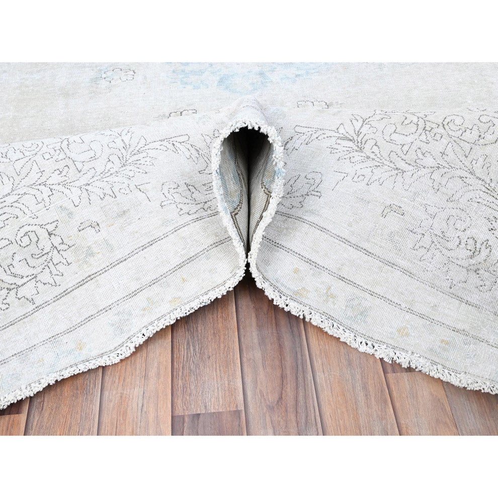 White, Natural Wool, Hand Knotted, Vintage Persian Kerman, Rug, 7'2"x9'10"