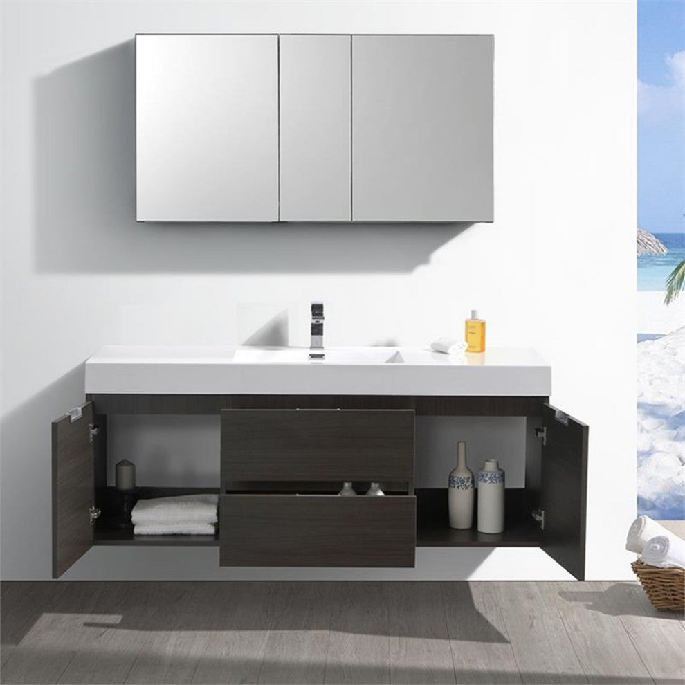 Valencia 60" Gray Oak Wall Hung Modern Bathroom Vanity w/ Medicine Cabinet