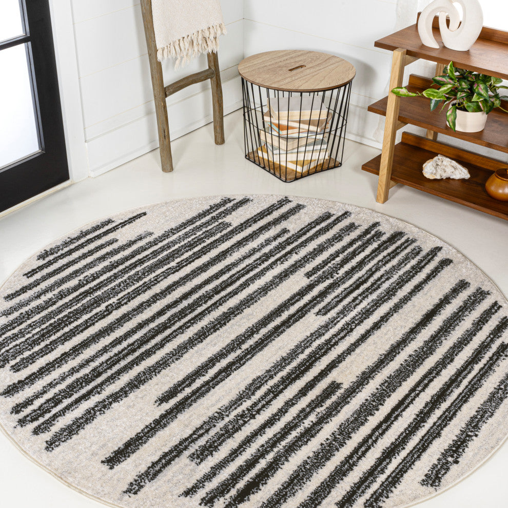 Khalil Modern Berber Stripe Cream/Black 9' Round Area Rug