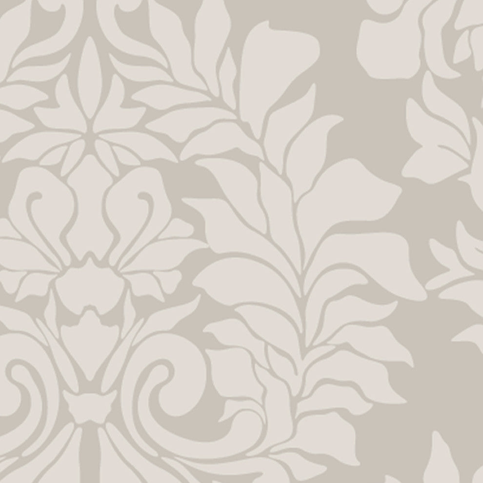Classic Damask Peel and Stick Vinyl Wallpaper, Beige on Gray, 24"w X 60"h