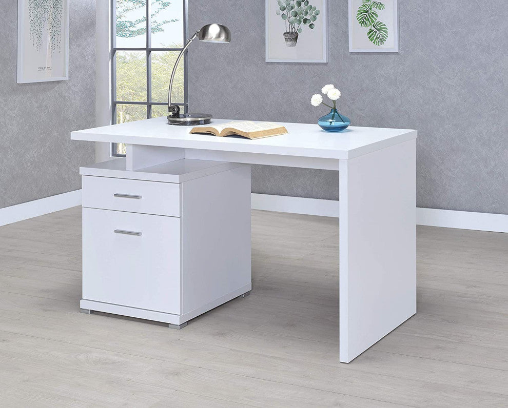 Contemporary Desk, Storage Drawers With Bar Pulls and Small Open Shelf, White