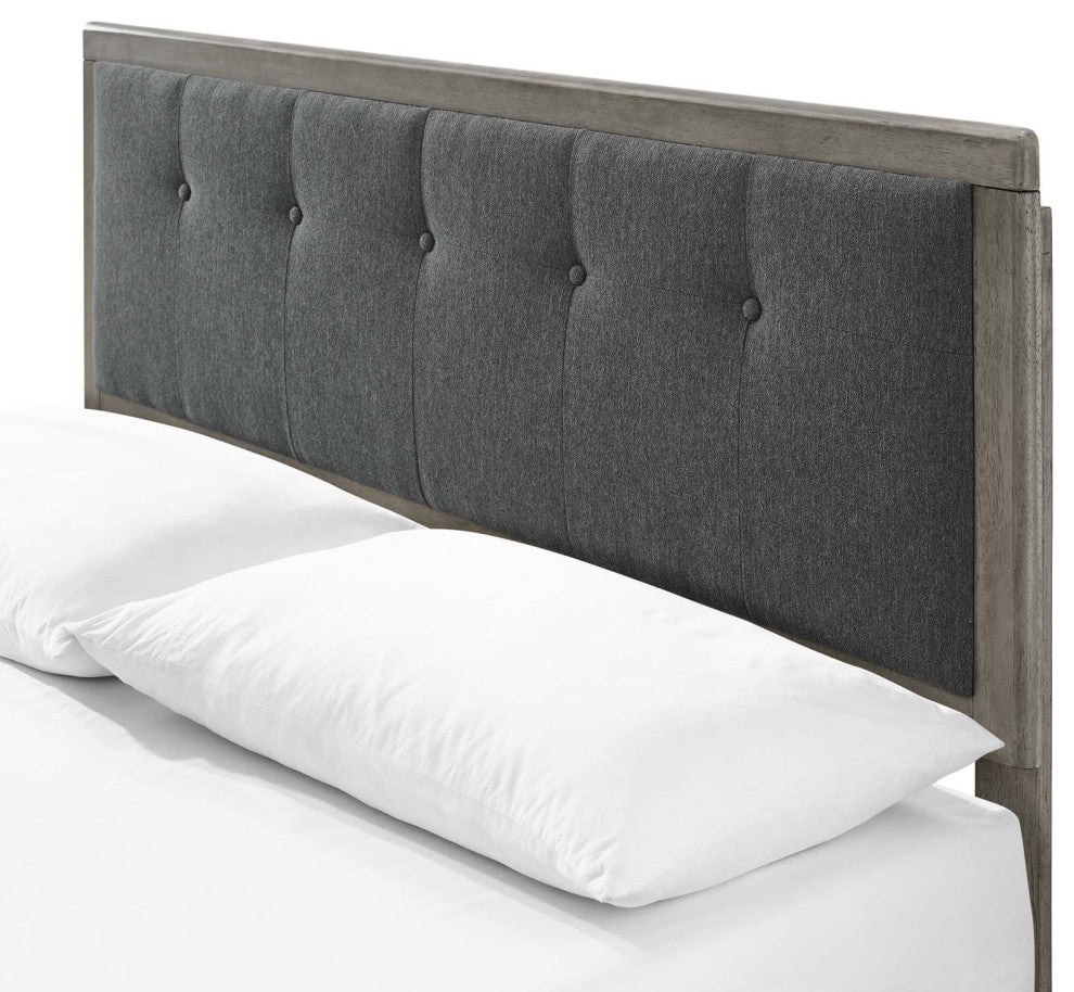 Platform Bed Frame, Queen Size, Fabric, Wood, Gray, Modern Mid-Century