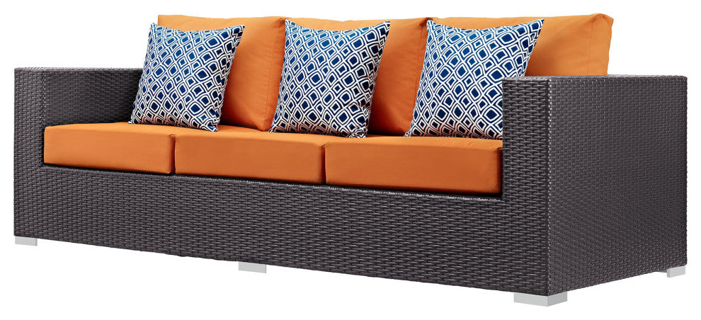 Lounge Sectional Sofa and Table Set, Rattan, Wicker, Dark Brown Orange, Outdoor