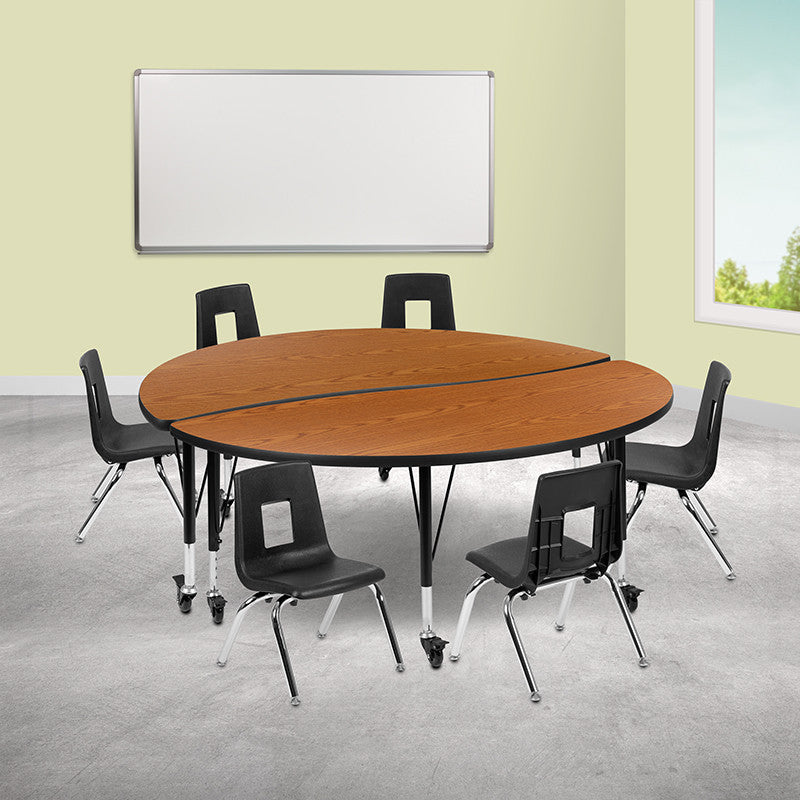 Mobile 60" Circle Wave Activity Table Set with 14" Student Stack Chairs, Oak