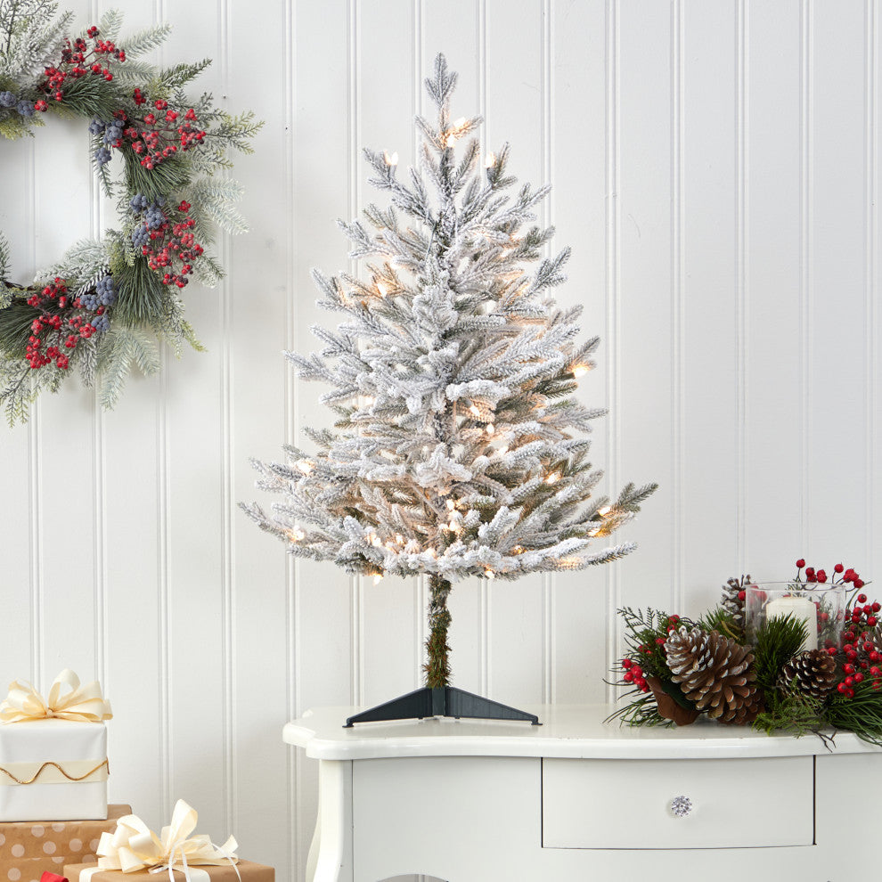 3' Flocked Fraser Fir Faux Xmas Tree W/200 White Lights & 481 Bendable Branches