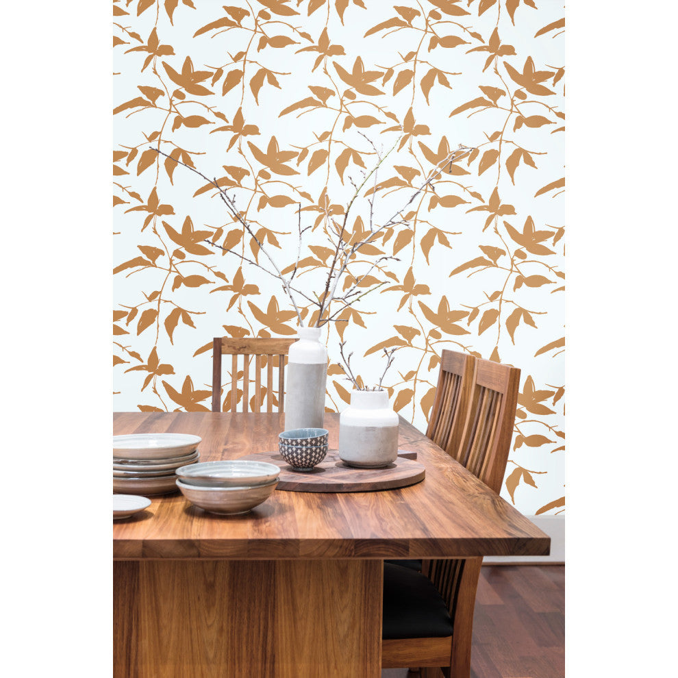 Persimmon Leaf Wallpaper, Gold, White