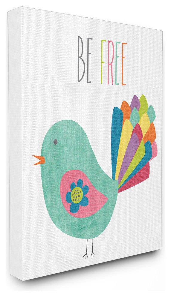 Be Free Colorful Bird Illustration Stretched Canvas Wall Art, 16x20