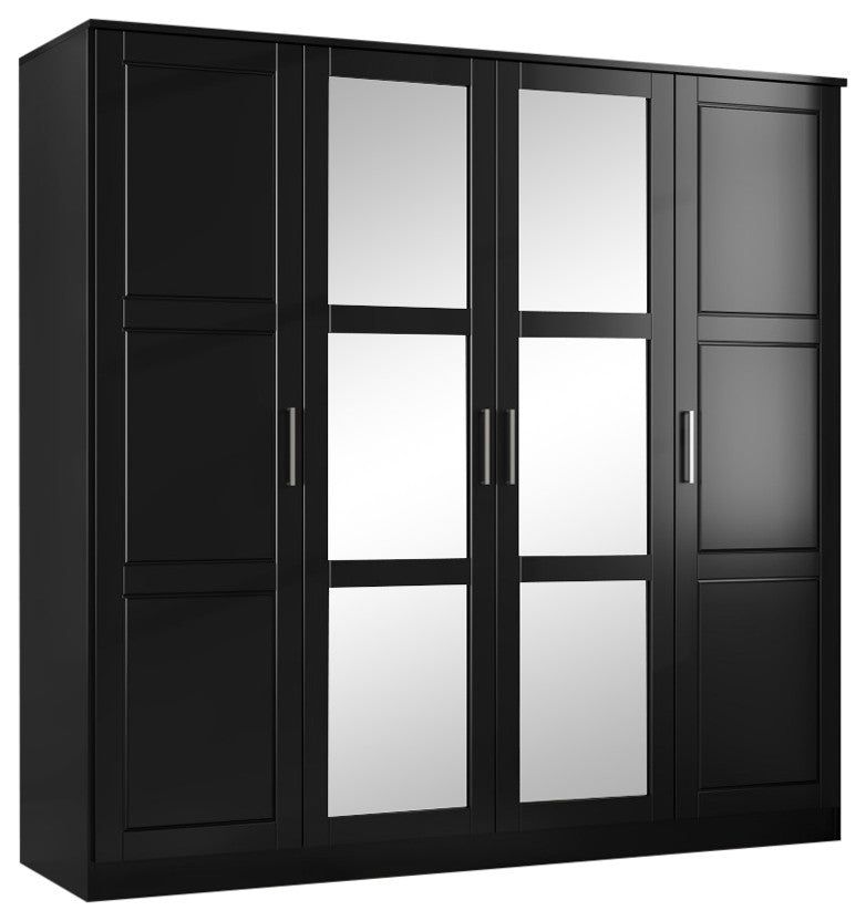 100% Solid Wood Cosmo 4-Door Wardrobe/Armoire/Closet, Black-Mirror