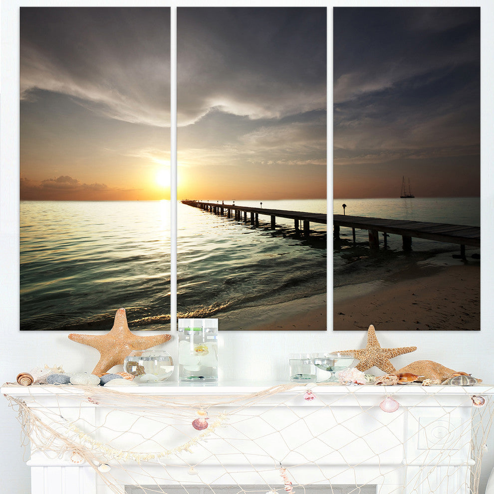 "Long Boardwalk in the Cloudy Dark Sea" Metal Wall Art, 3 Panels, 36"x28"